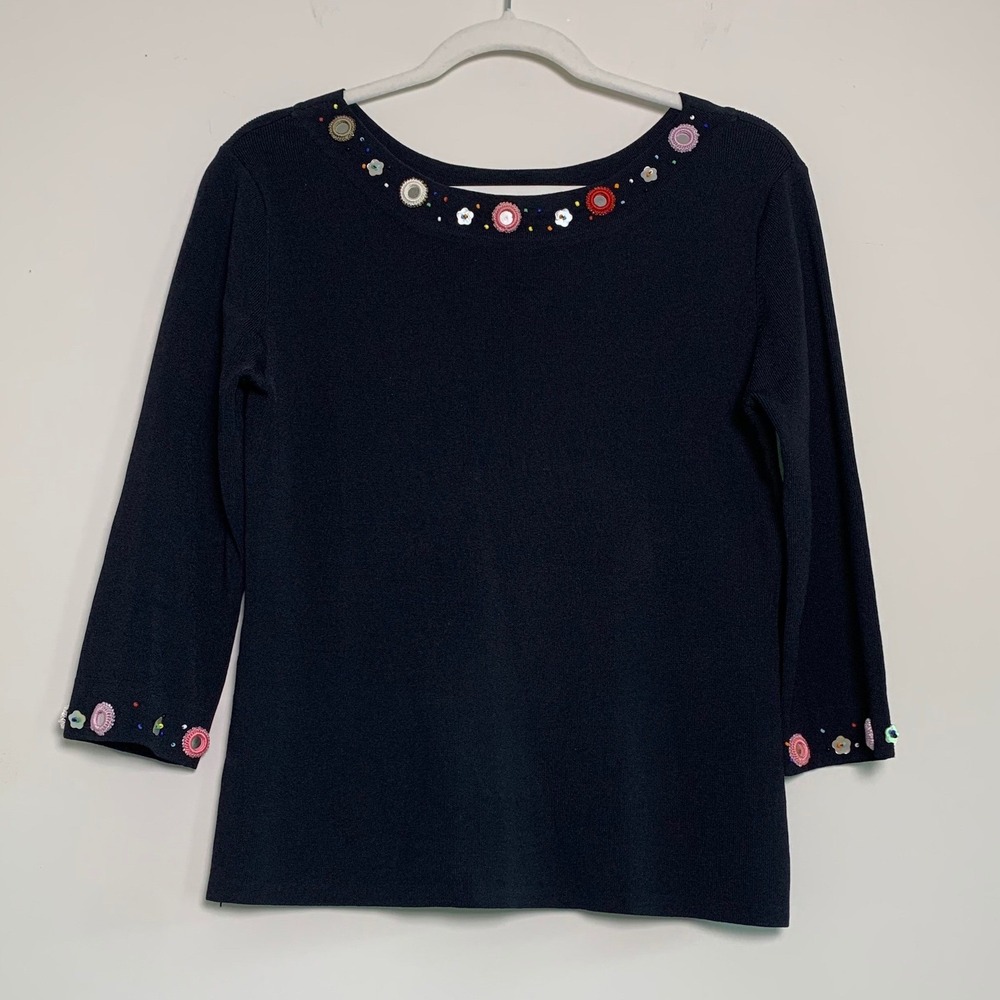JAC Black Beaded Mirror Embellished Knit Sweater Top 3/4 L Artsy Scoop Neck